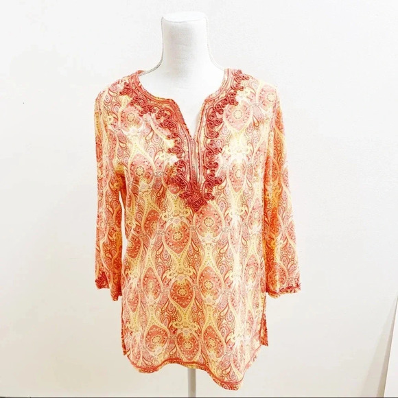 Rose & Thyme Tunic‎ Top Woman Medium Abstract Print Embroidery 100% Cotton K2 - Picture 1 of 10